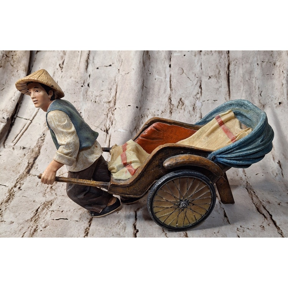 Large Asian Rickshaw Puller Figurine Hand Painted Resin Sculpture Home Decor